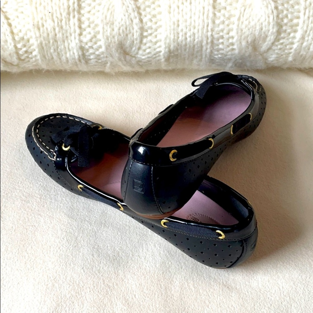 Sperry Black Perforated Bow Loafers with Pink Insole - Picture 6 of 7